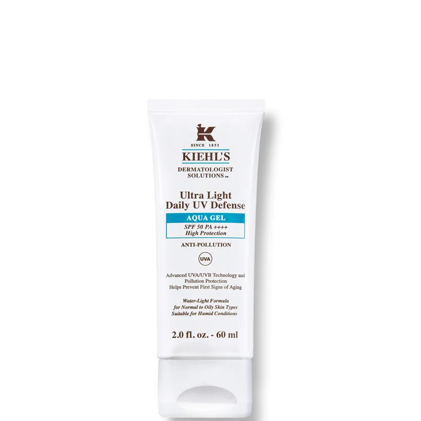 Kiehl's Ultra Light Daily UV Defense Aqua Gel SPF 50 PA++++ 60ml sunscreen in white Kiehl’s tube with yellow accents shown on a yellow background
