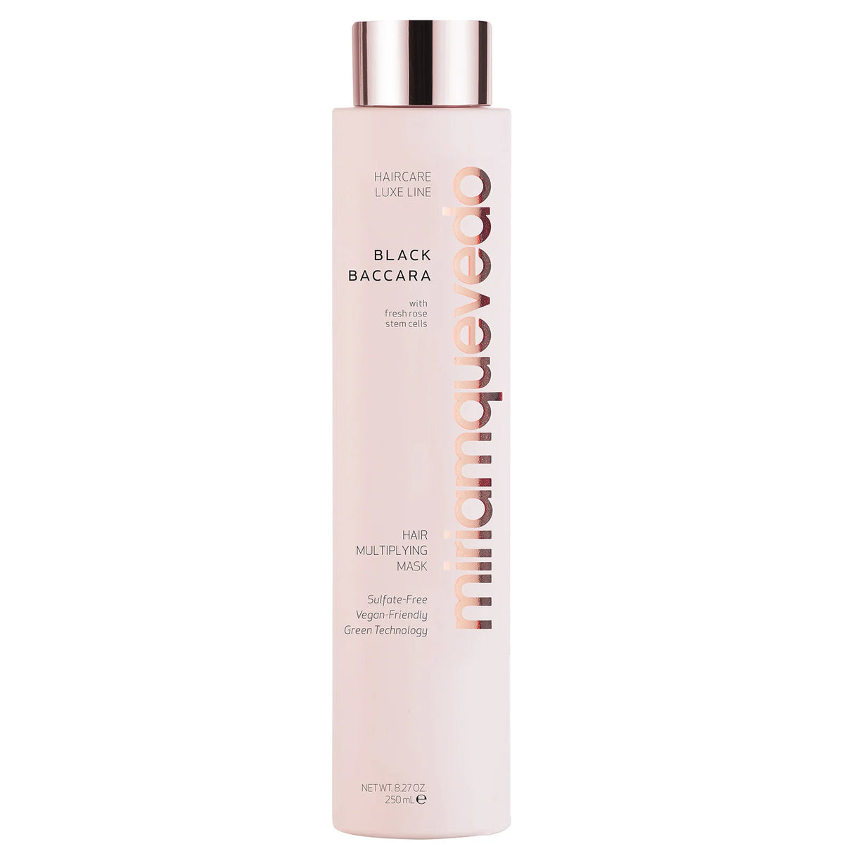 Miriam Quevedo Black Baccara Hair Multiplying Mask 250ml, black jar with gold lid and Miriam Quevedo Black Baccara branding