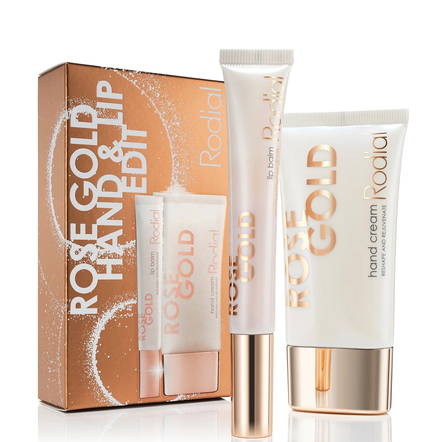 Rodial Rose Gold Duo set with two matching rose-gold toned skincare products arranged together, metallic packaging reflecting light.