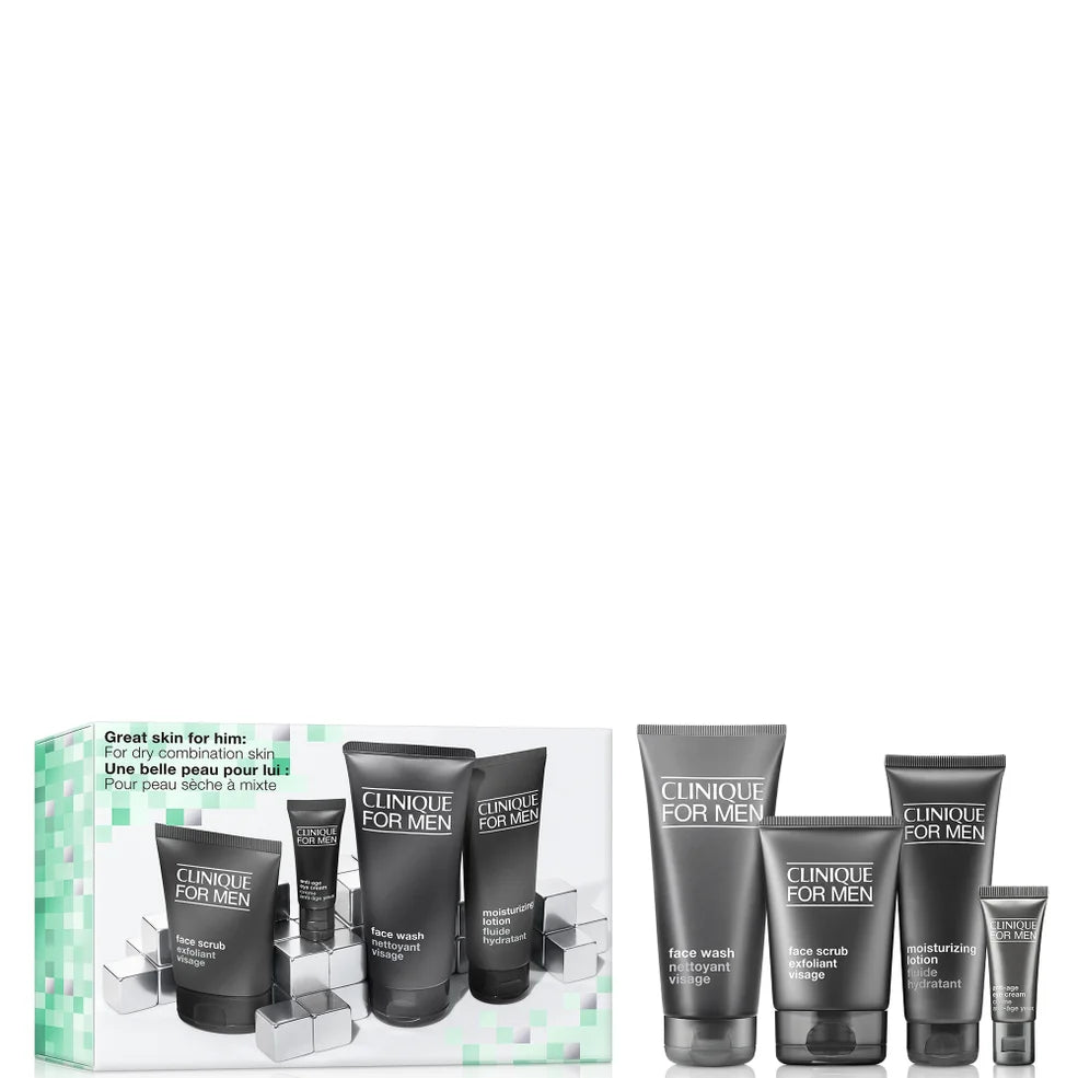 Clinique For Men skincare gift set for normal skin, daily cleanse and hydrate routine.