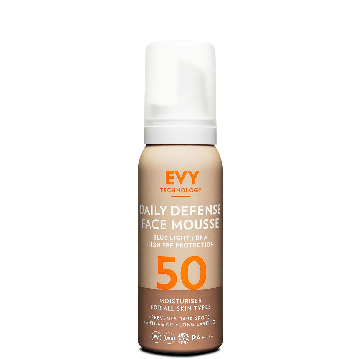 EVY Technology Daily Defense Face Mousse SPF50 75ml, pink aerosol bottle with white cap