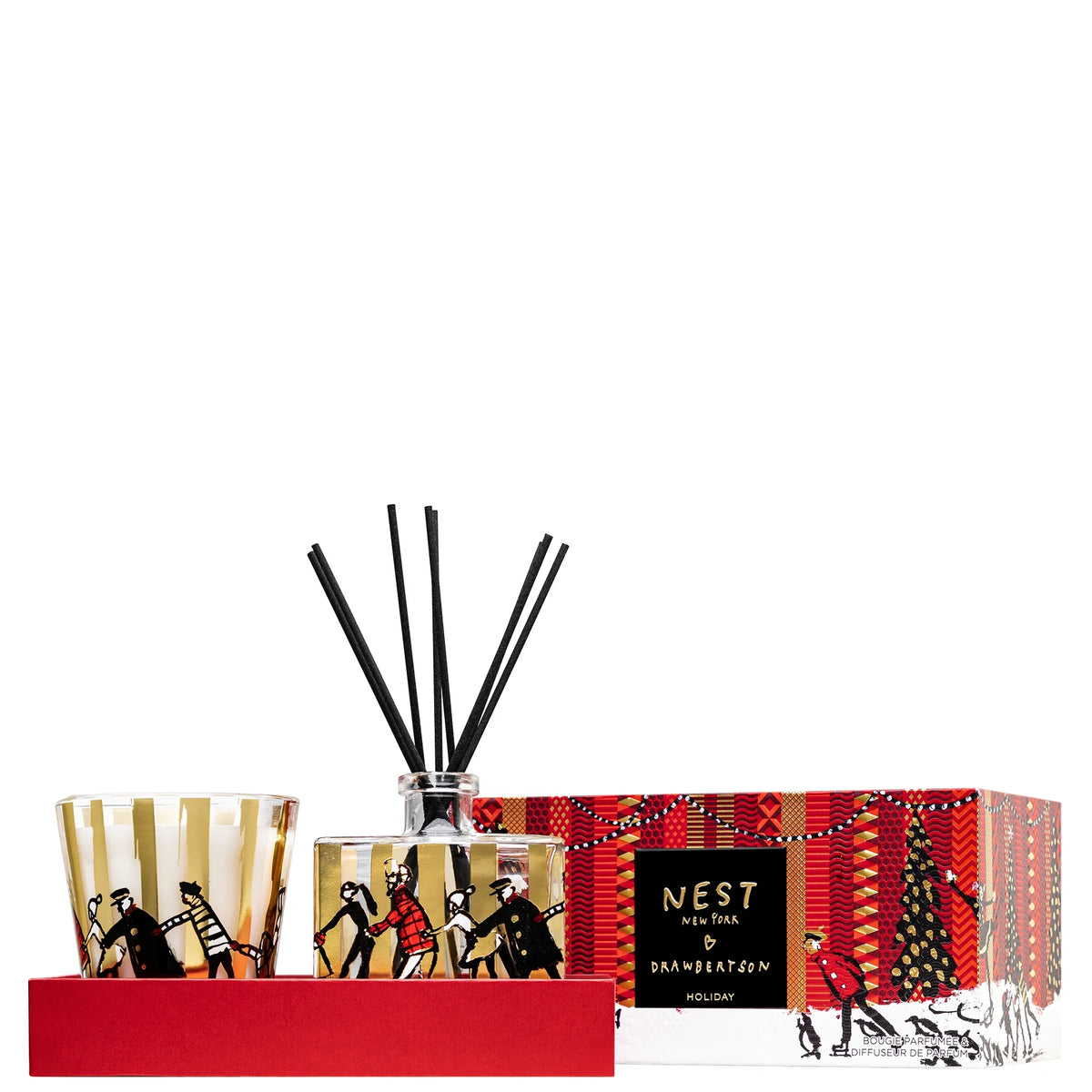 NEST New York Drawbertson Holiday Classic Candle & Diffuser Set, festive box with a candle jar and reed diffuser bottle, NEST New York branding