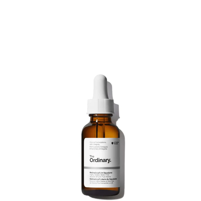 The Ordinary Retinol Serum 0.2% in Squalane 30ml clear bottle with dropper cap and minimal white label
