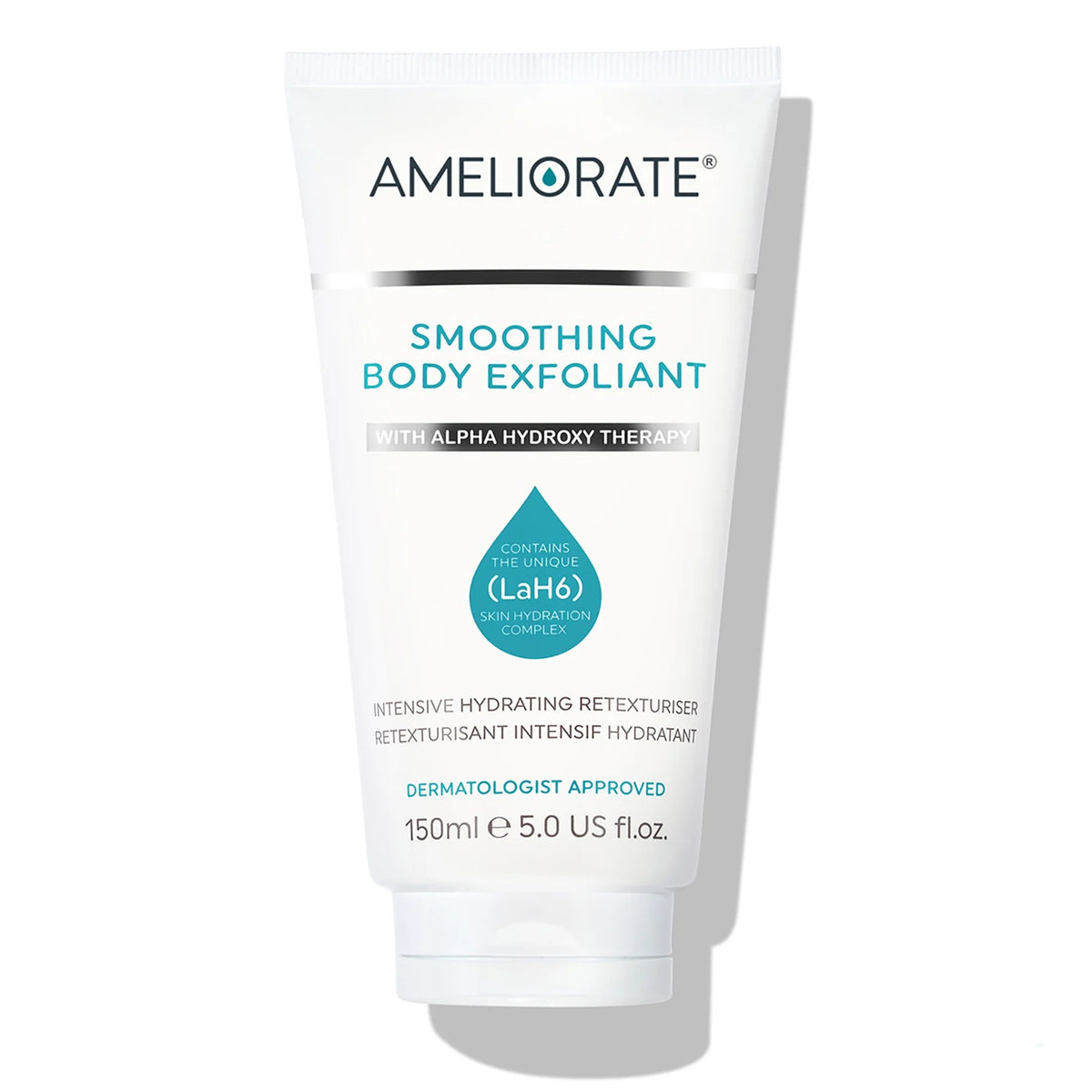 Ameliorate Smoothing Body Exfoliant 150ml, white pump bottle with clear cap and Ameliorate minimalist branding