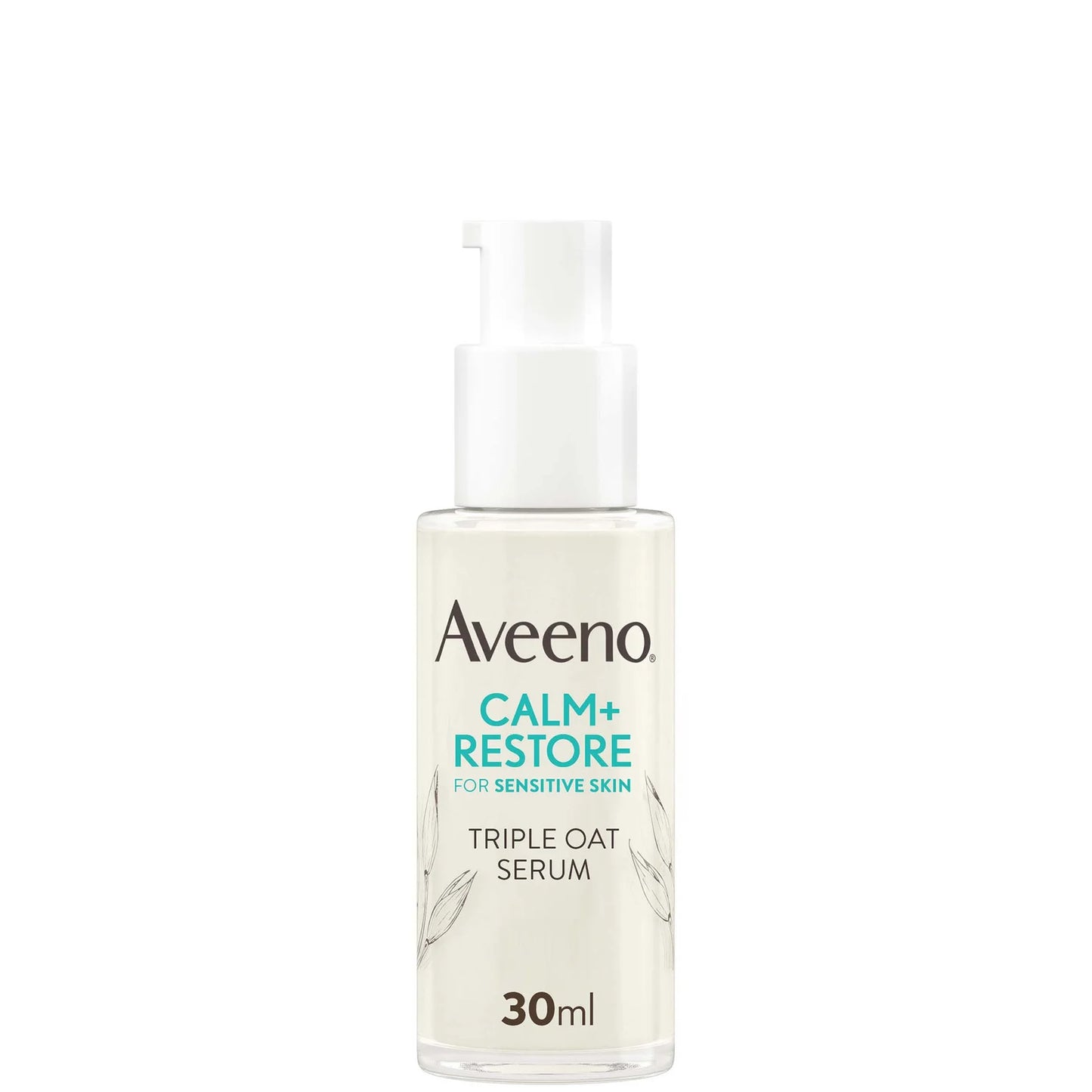 Aveeno Face Calm and Restore Triple Oat Serum 30ml, clear pump bottle with blue and white label, formulated to soothe and strengthen sensitive skin