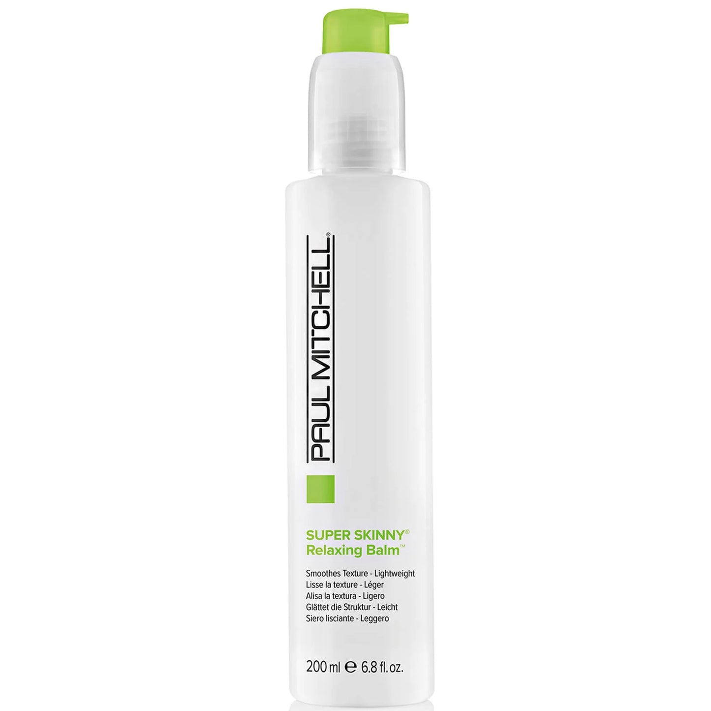 Paul Mitchell Super Skinny Relaxing Balm 200ml, sleek white tube with green pump and accents, designed to smooth, soften, and speed up blow-drying for frizz-prone hair