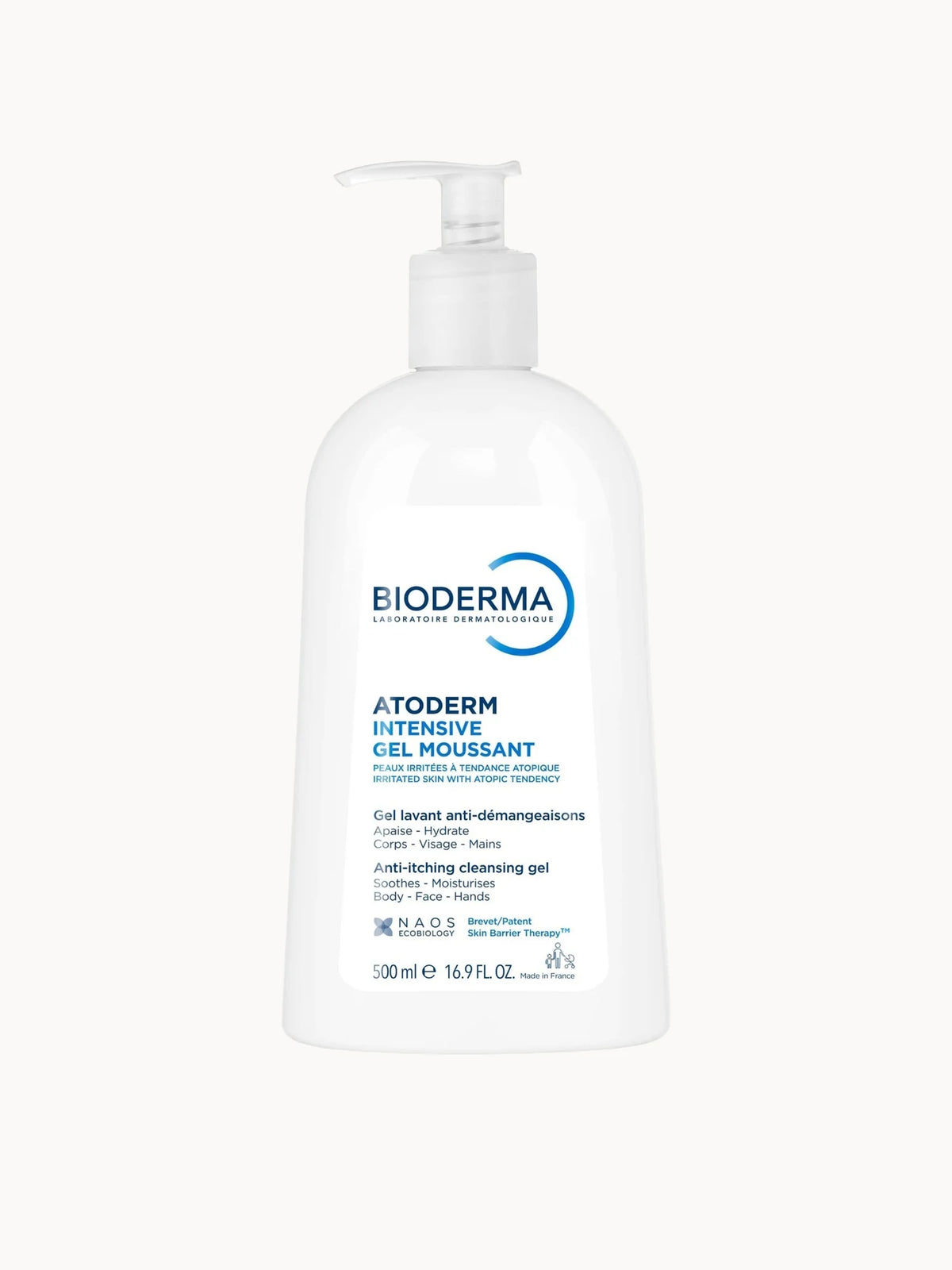 Bioderma Atoderm Intensive Gel Moussant Body Wash 500ml, large white bottle with yellow Atoderm branding