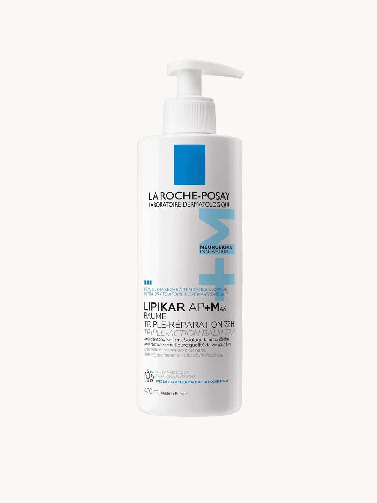 La Roche-Posay LIPIKAR AP+Max Triple-Action Balm for Ultra-Dry to Atopic Eczema-Prone Skin 400ml, large white pump bottle with green cap and La Roche-Posay Lipikar AP+ Max branding