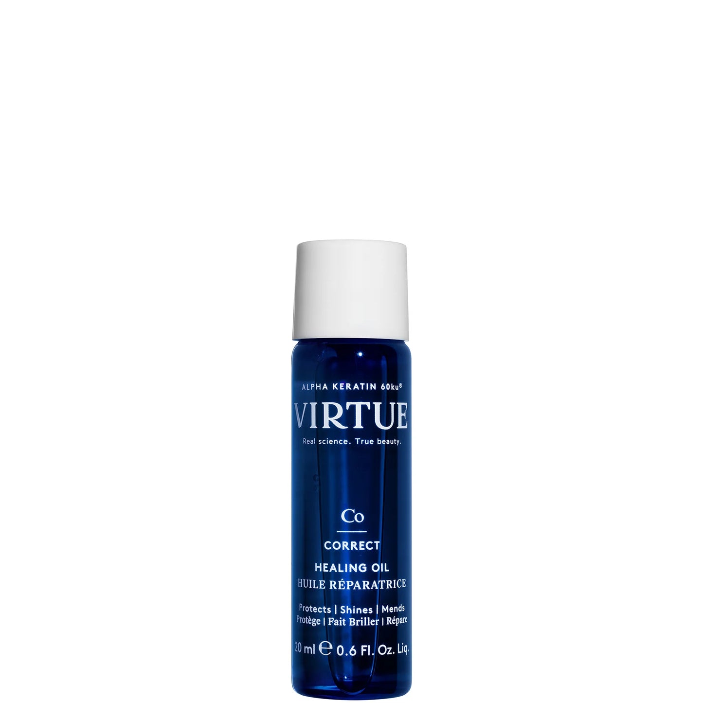 VIRTUE CORRECT Healing Oil 20ml, small navy blue bottle with white cap, lightweight hair oil designed to repair, smooth, and add shine to damaged strands