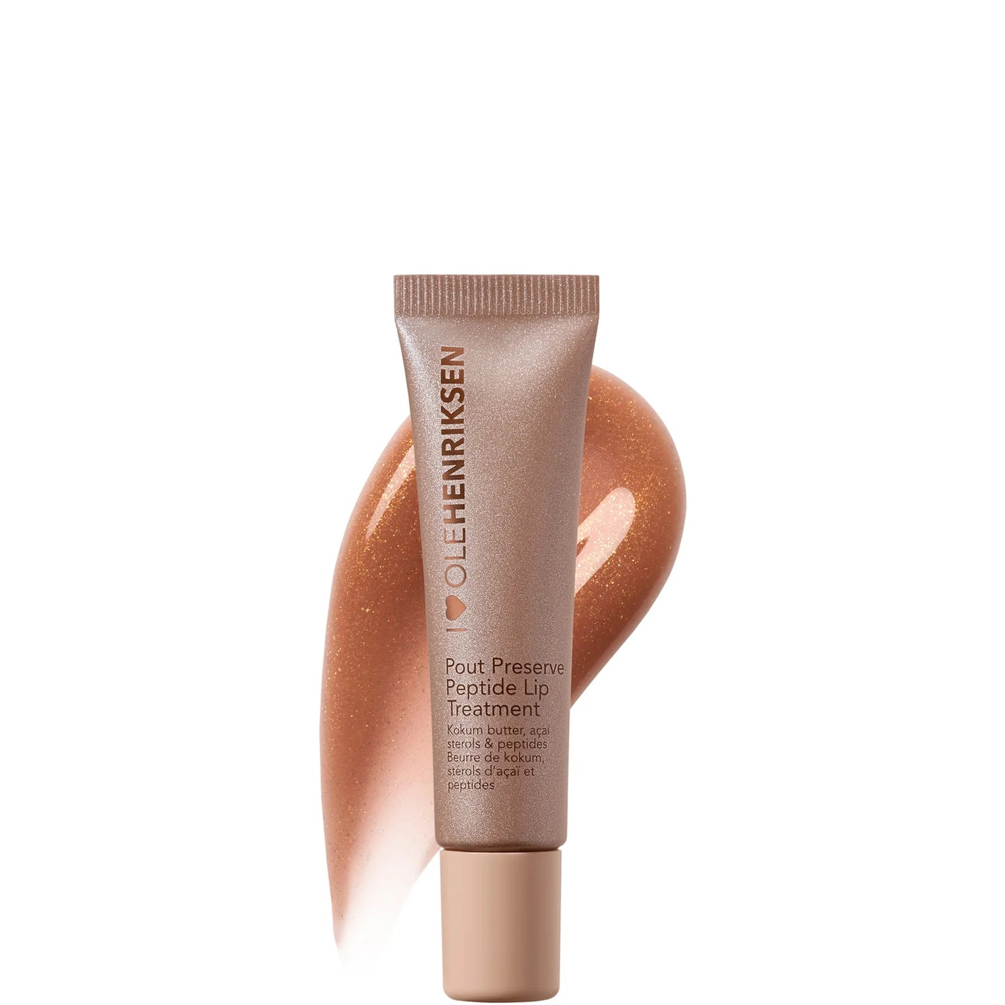 Ole Henriksen Glimmer Pout Preserve Lip Treatment in Crème Brulee, glossy squeezy tube with metallic accents, designed for shimmer-finish lip care.