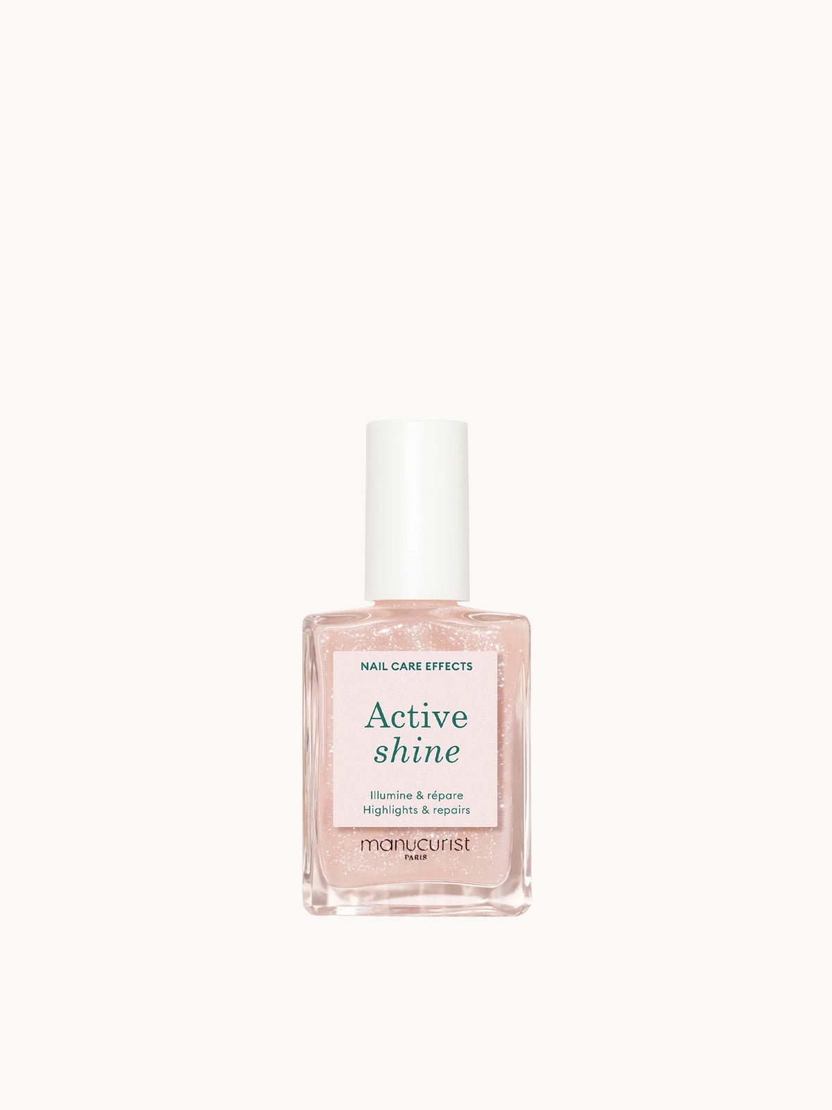 Manucurist Active Shine Treatment 15ml, small glass nail polish bottle with sheer pink glittery liquid and black brush cap
