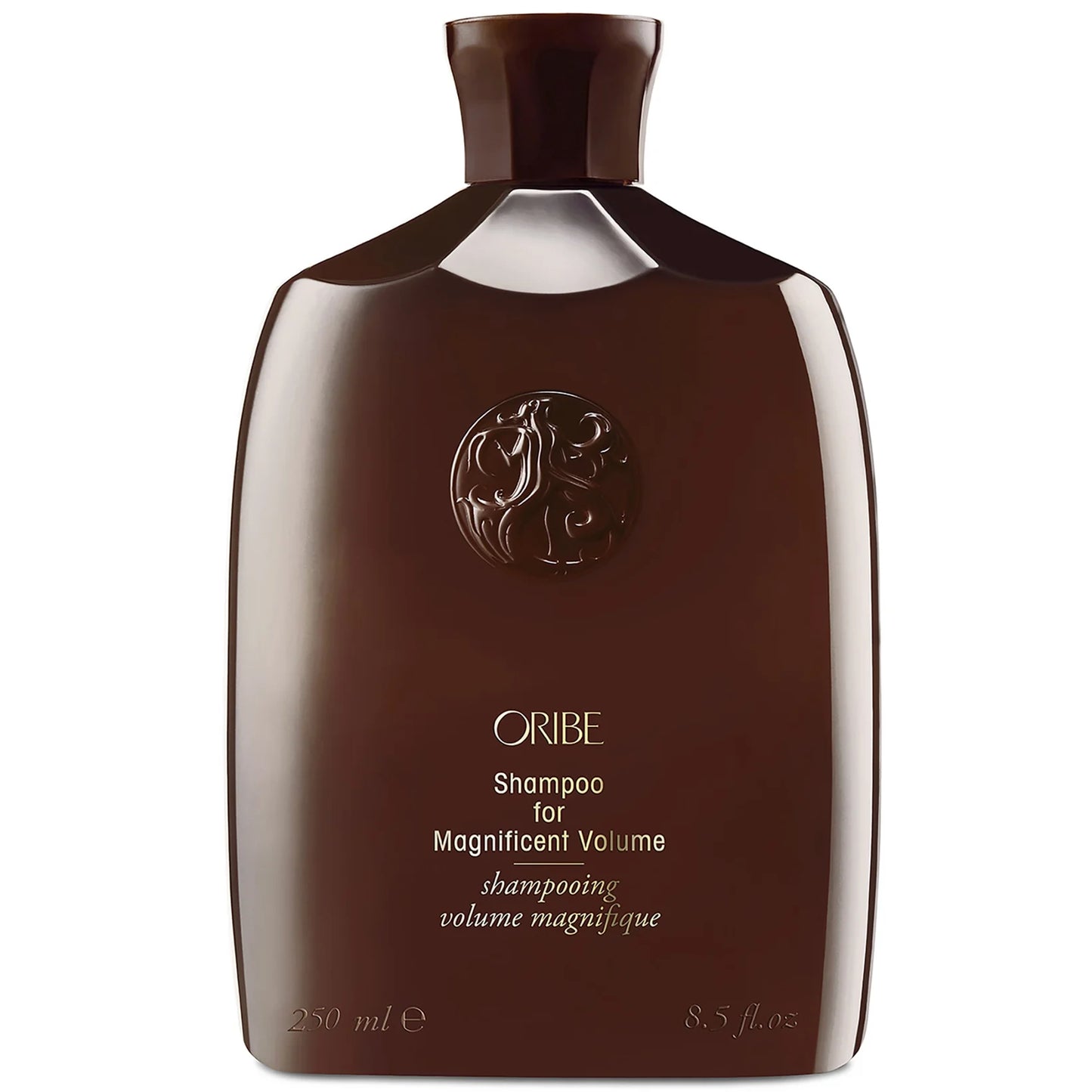 Oribe Shampoo for Magnificent Volume 250ml, elegant sculpted dark amber bottle and flip top cap