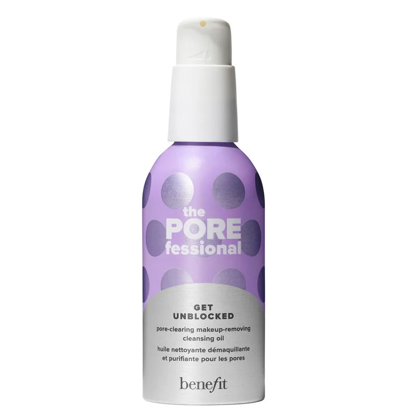 benefit The POREfessional Get Unblocked Pore Clearing Cleansing Oil 147ml pale blue pump bottle with retro-style illustrated label