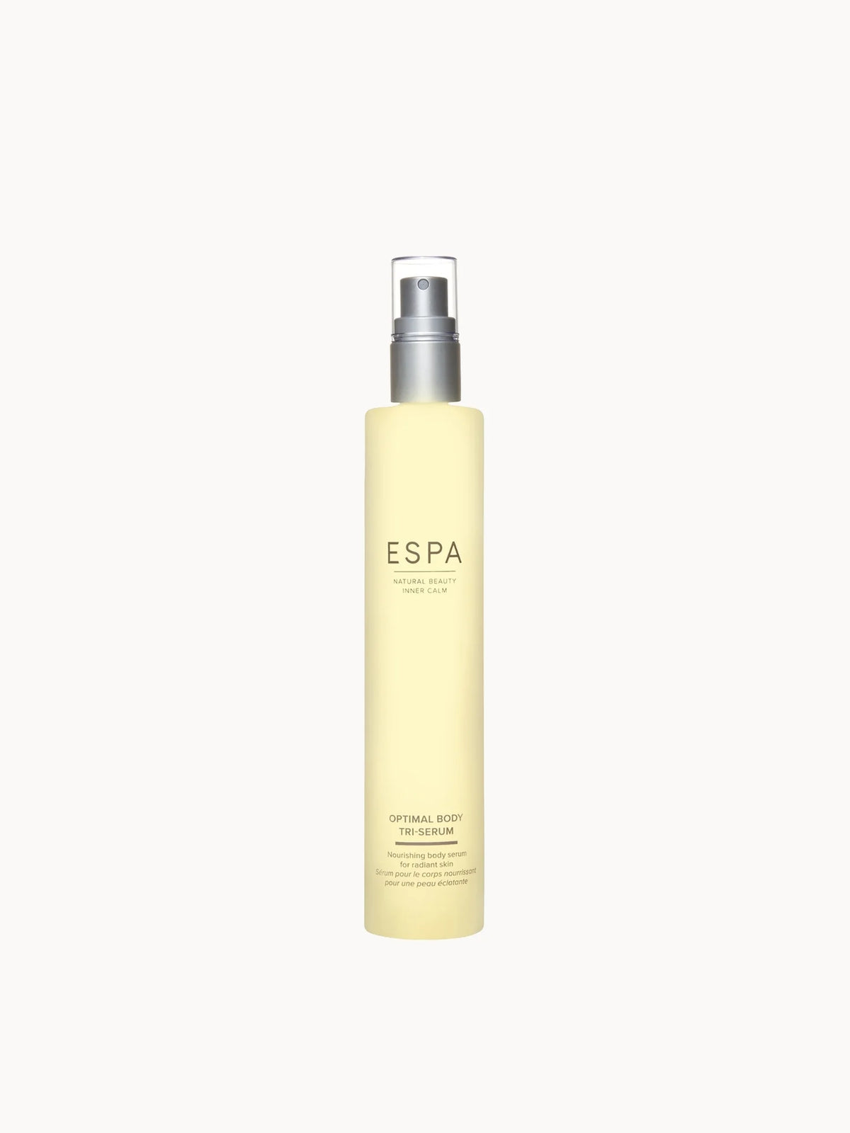 ESPA Optimal Body Tri-Serum 100ml, frosted glass bottle with black spray cap and white label