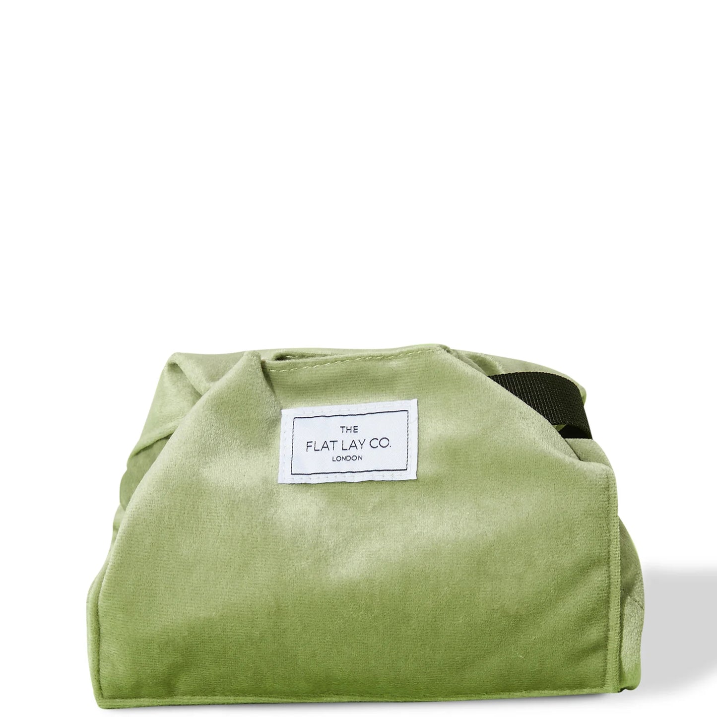 The Flat Lay Co. Velvet Drawstring Bag - sage green velvet pouch with gold drawstrings and flat-lay function