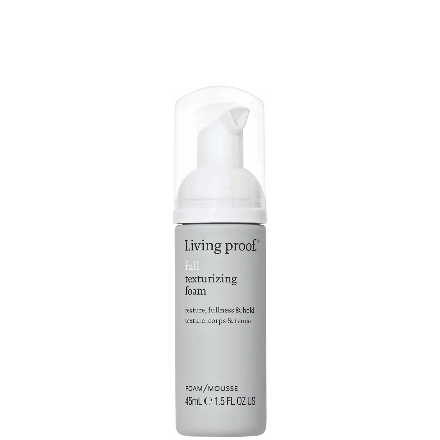 Living Proof Full Texturising Foam 45ml, compact grey bottle with pump dispenser and minimalist white text