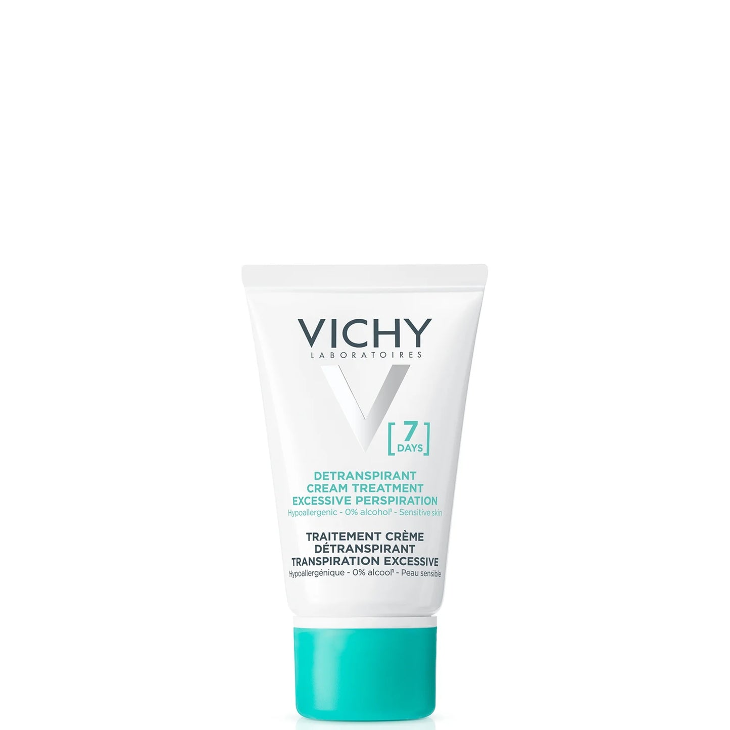 Vichy 7 Days Anti-Perspirant Cream Deodorant in a small white squeeze tube with blue Vichy logo and blue text on the front.