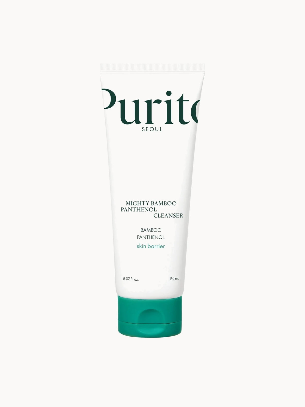 Purito Mighty Bamboo Panthenol Cleanser 150ml, clear pump bottle with green bamboo label