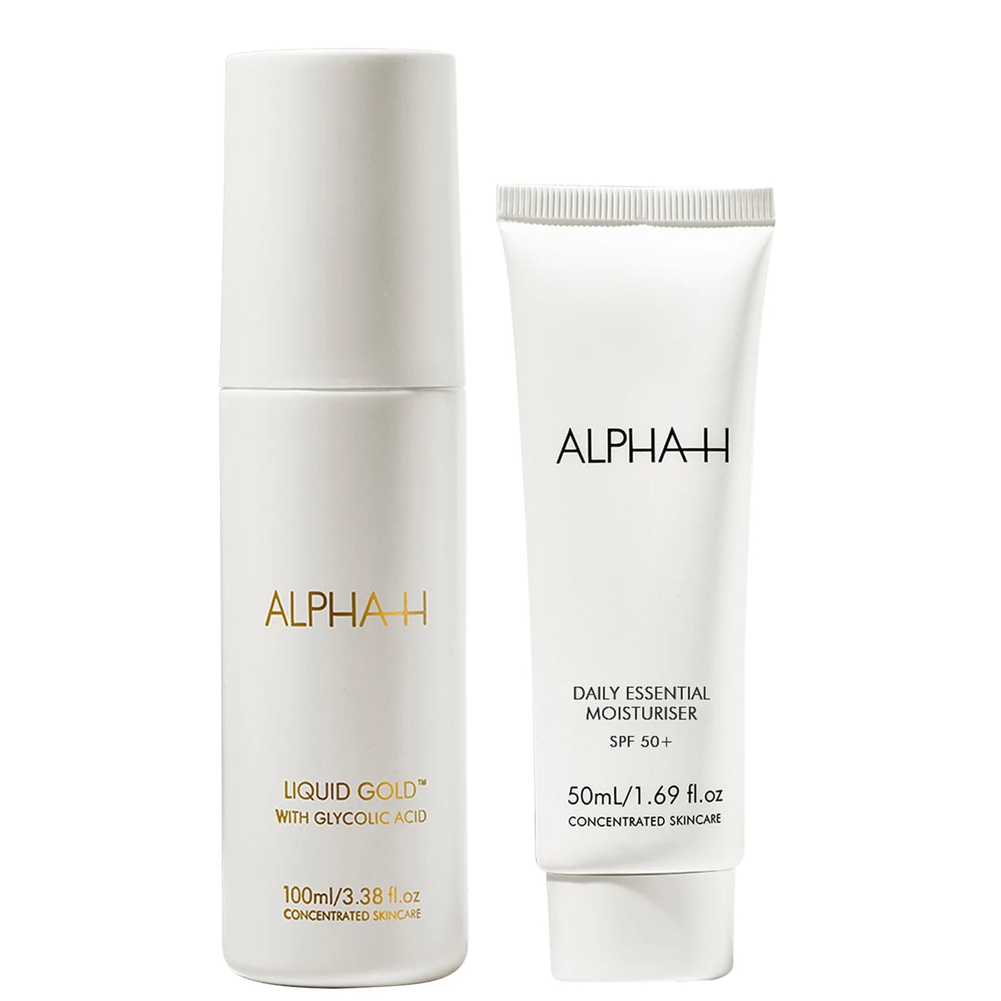 Alpha-H Glow and Protect Duo, featuring a Vitamin C serum and SPF moisturiser in sleek white and gold bottles, side by side