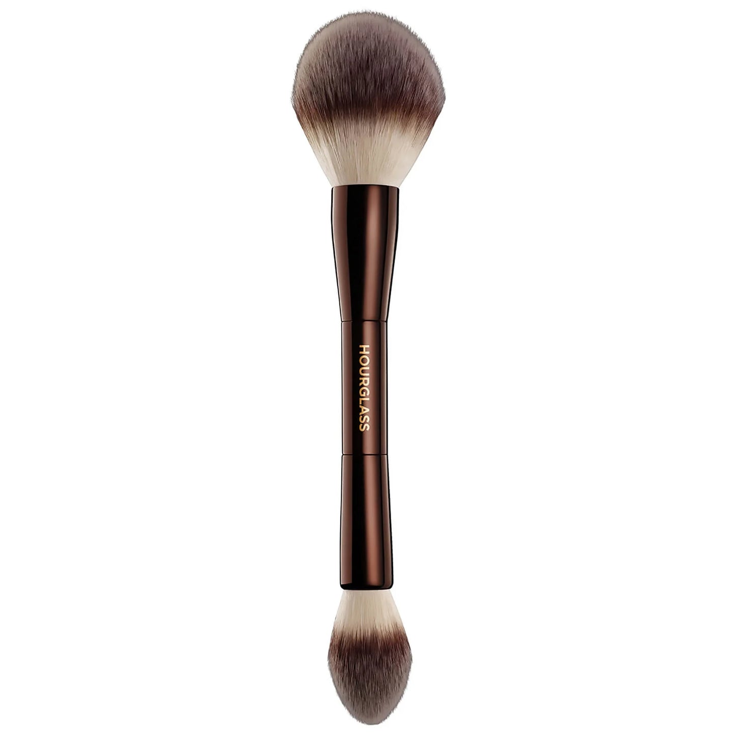 Hourglass Veil Powder Brush — double-ended powder brush with soft synthetic fibres; small tapered end for under-eye, large rounded end for all-over set.