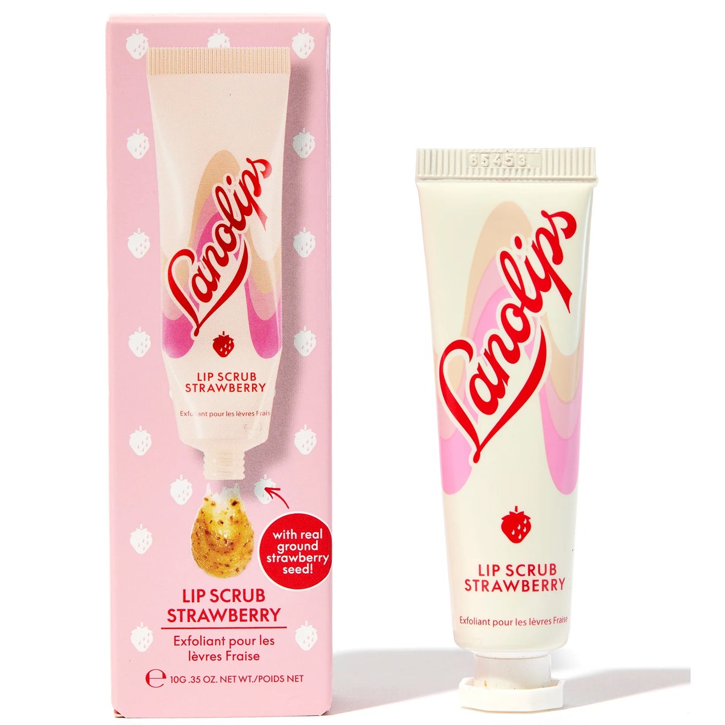 Lanolips Strawberry Lip Scrub in a small tube, soft pink design with strawberry and lanolin details on the front.