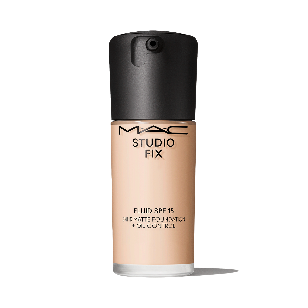 MAC Cosmetics Studio Fix Fluid SPF15 24HR Matte Foundation 30ml - NC10, glass foundation bottle with a black cap and black MAC label on a plain white background