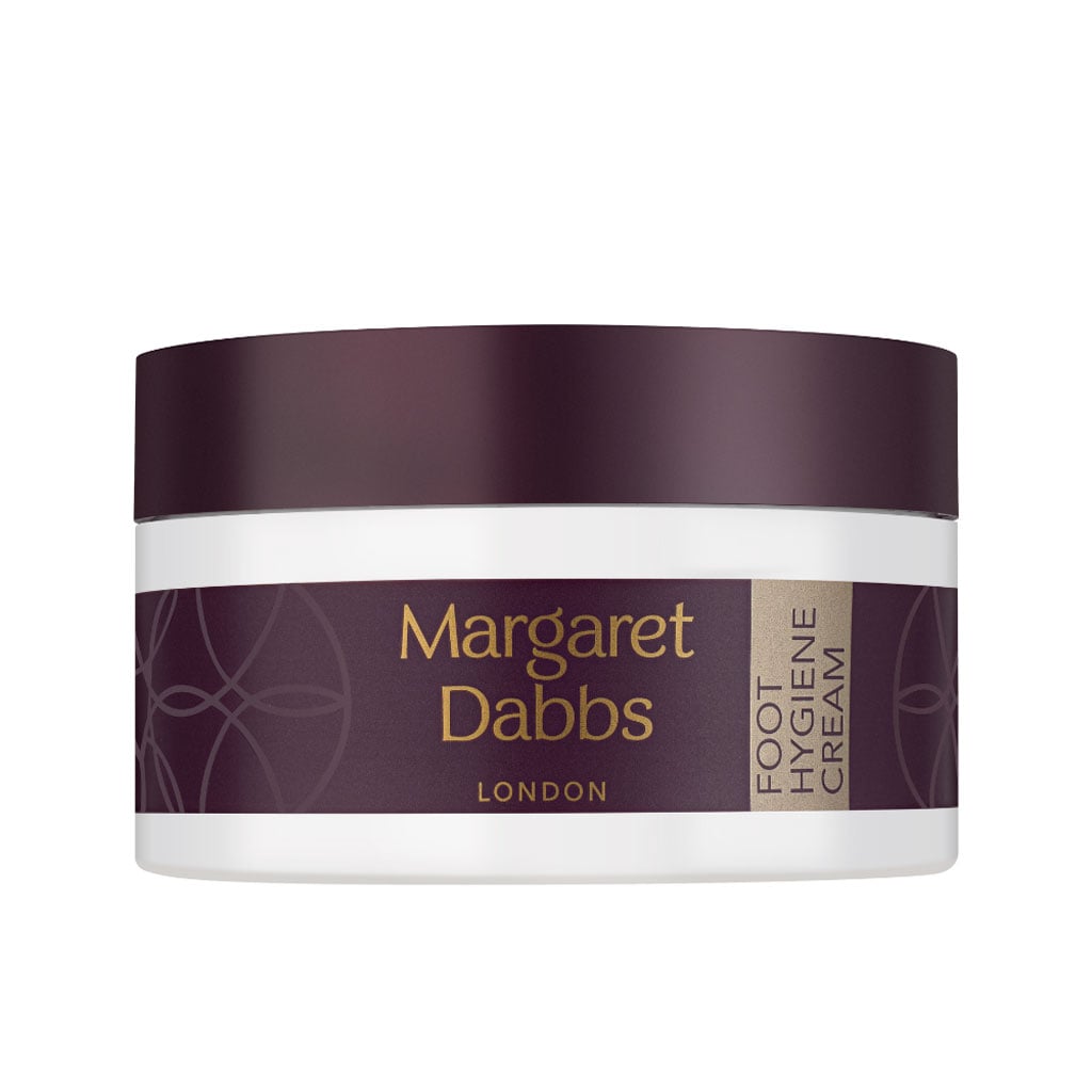 Margaret Dabbs London Foot Hygiene Cream 150g, white plastic tub with burgundy lid and Margaret Dabbs London label