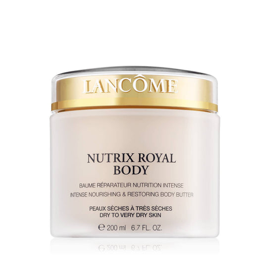 Lancôme Nutrix Royal Body Cream 200ml in elegant transparent jar with gold lid and Lancôme logo