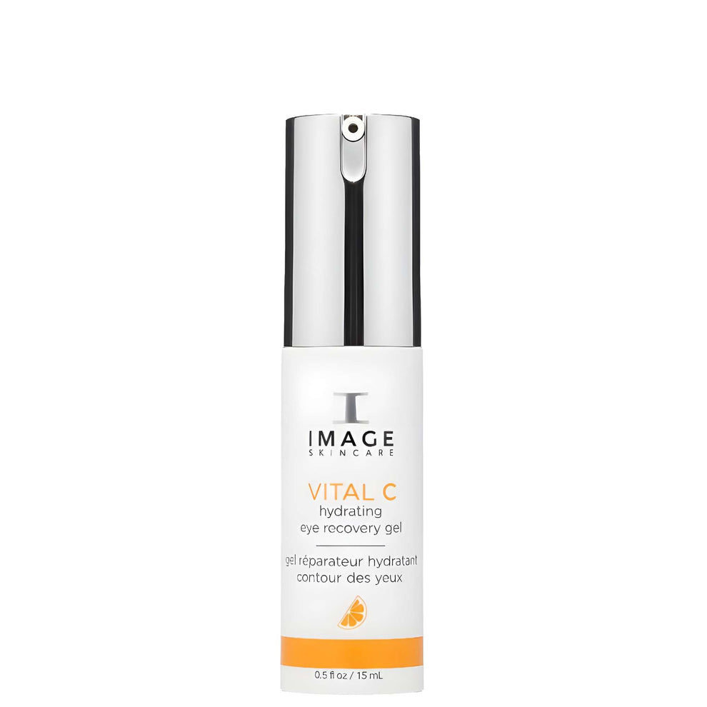 Image Skincare VITAL C hydrating eye recovery gel 15ml, small clear glass jar with white cap and Image Skincare Vital C branding