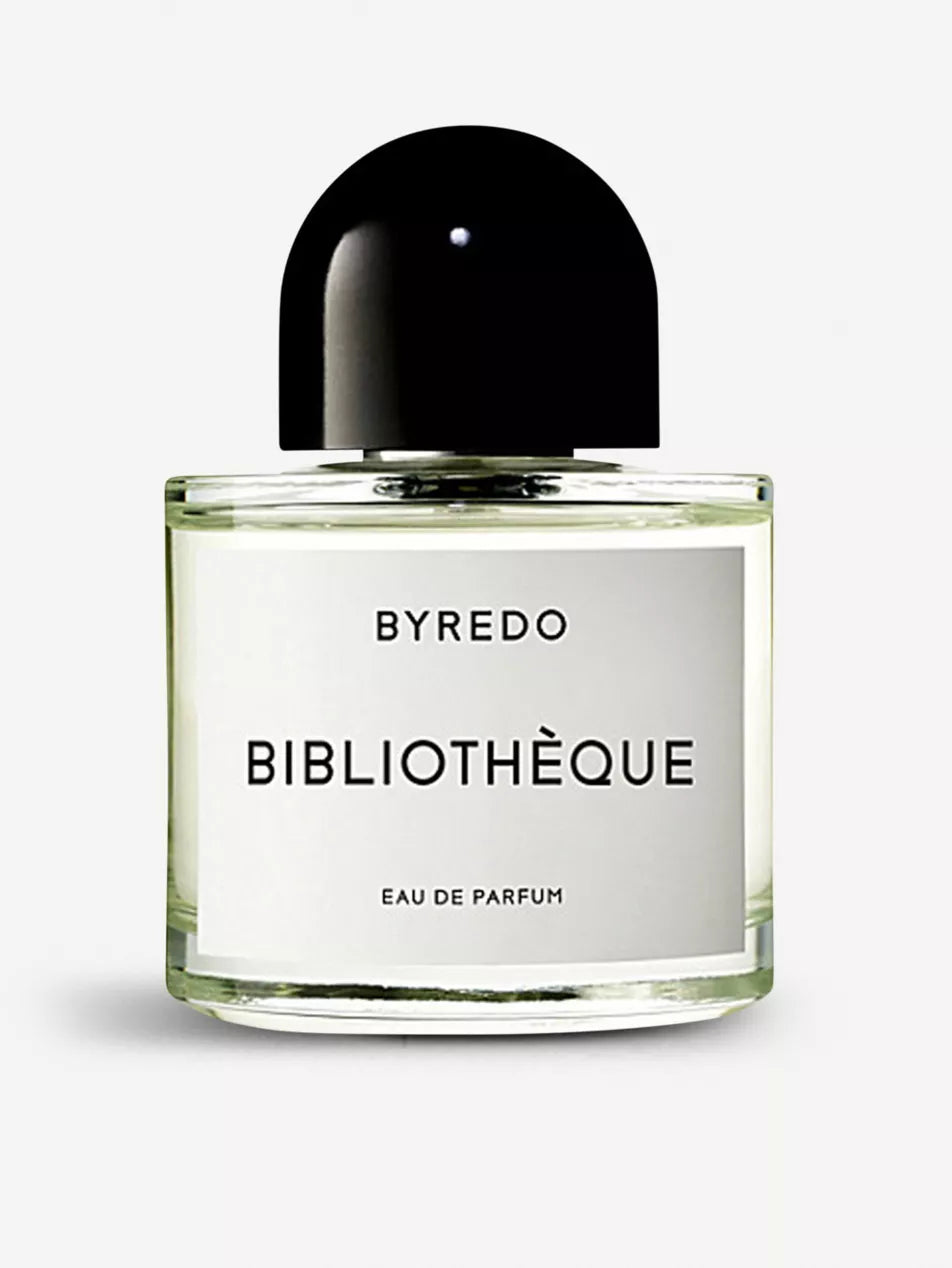 Byredo Bibliotheque Eau de Parfum 50ml, minimalist frosted glass bottle with black cap and label