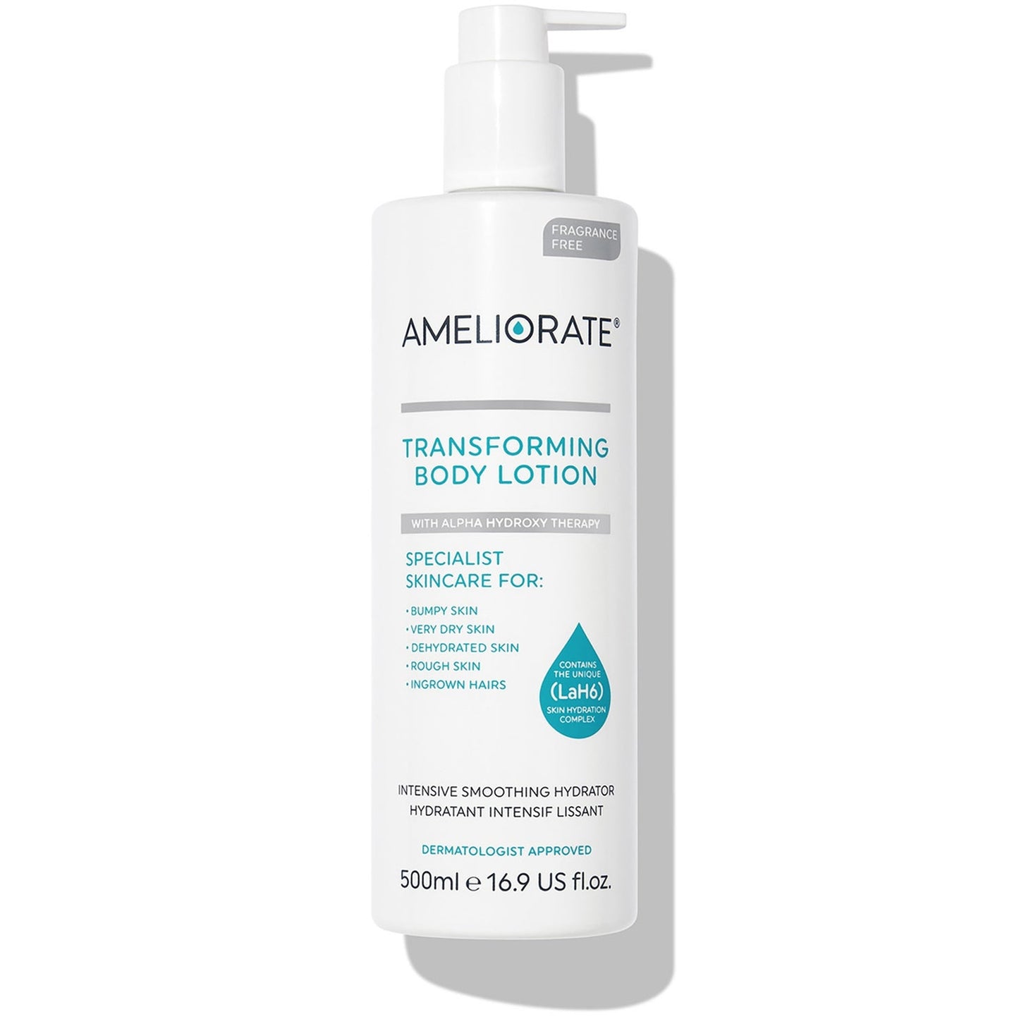 AMELIORATE Transforming Body Lotion Fragrance Free 500ml bottle with branded label