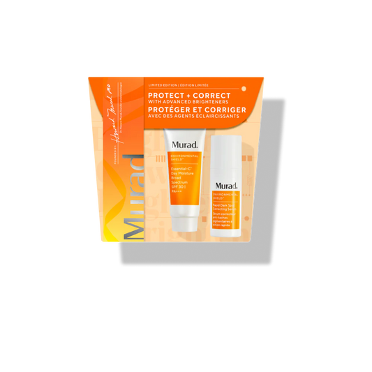 Murad Protect + Correct Set featuring skincare duo gift set with sunscreen and brightening serum, boxed for an effective daily skincare routine in with white and orange packaging