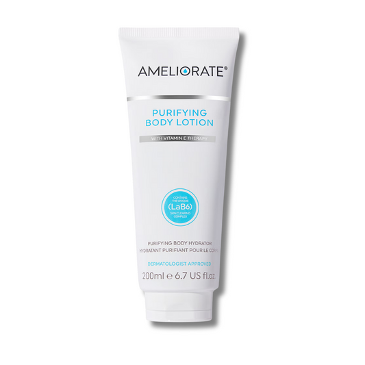 AMELIORATE Blemish Purifying Body Lotion bottle in white packaging with teal and silver accents