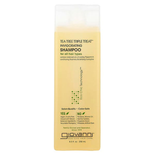 Giovanni Tea Tree Triple Treat Invigorating Shampoo 250ml, green-tinted squeeze bottle with flip-top cap and tea tree label
