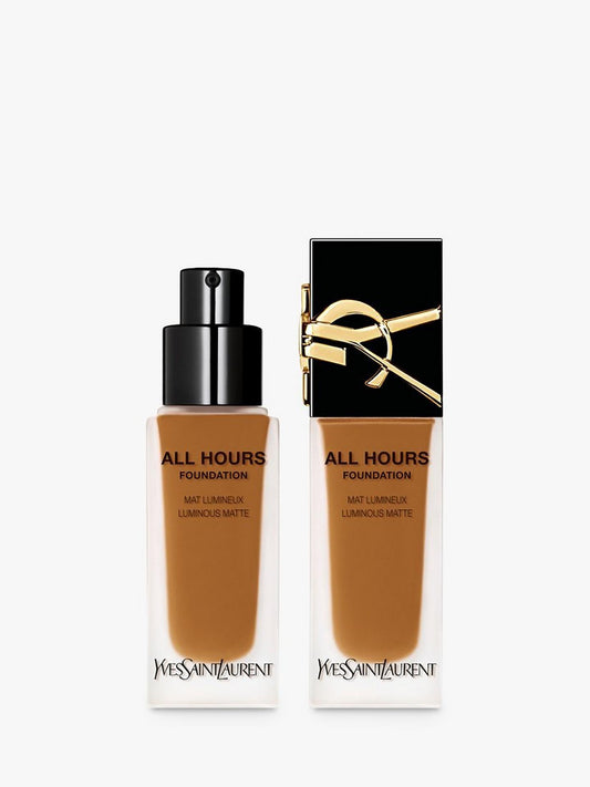 Yves Saint Laurent All Hours Luminous Matte Foundation with SPF 39 DW4 clear glass foundation bottle with black cap