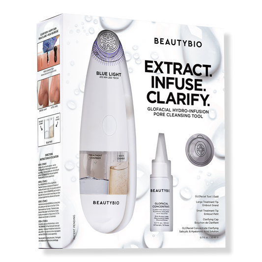 BeautyBio GloFacial pore cleansing tool, white handheld skincare device