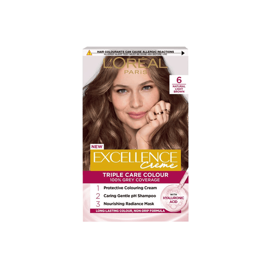 L'Oréal Paris Excellence Crème Hair Dye in 6 Natural Light Brown, boxed permanent hair colour for grey coverage and rich, natural-looking results
