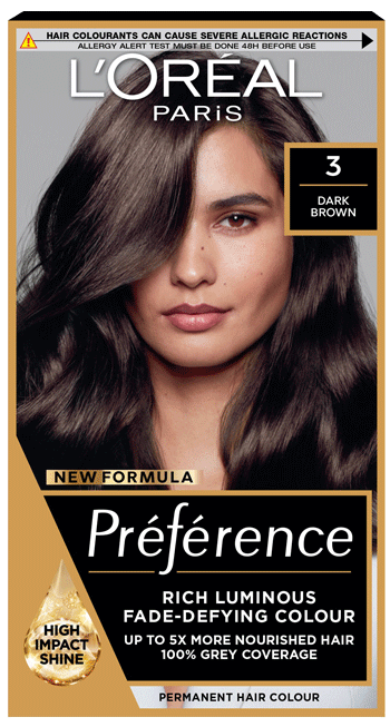 L'Oréal Paris Préférence Infinia Hair Dye 3.0 Brasilia Dark Brown box with model image and rich brunette tone