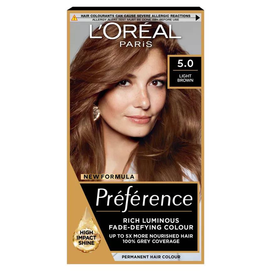 L'Oréal Préférence Hair Dye 5 Palma box in natural light brown with vibrant hair colour imagery.