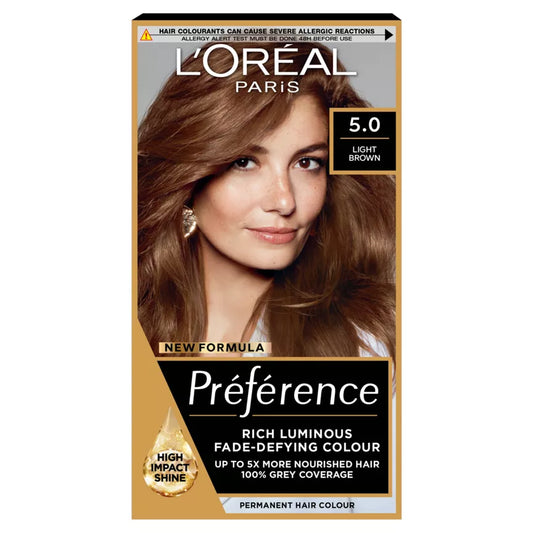 L'Oréal Préférence Hair Dye 5 Palma box in natural light brown with vibrant hair colour imagery.