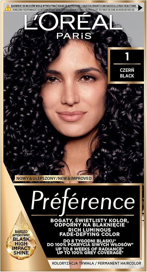 L'Oréal Paris Préférence Infinia Hair Dye – 1 Boxed permanent hair black colour kit with model image on packaging, designed for rich, long-lasting black colour with shine