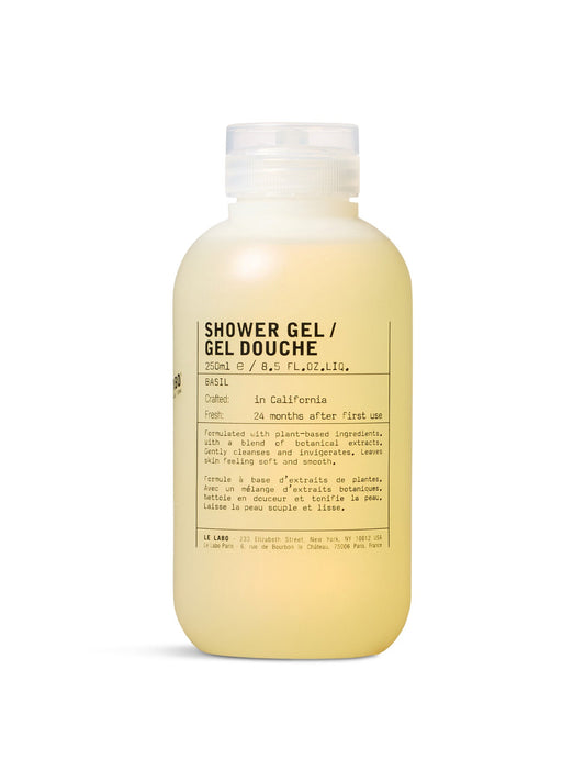 Le Labo Basil scented shower gel in minimalist lab-style bottle