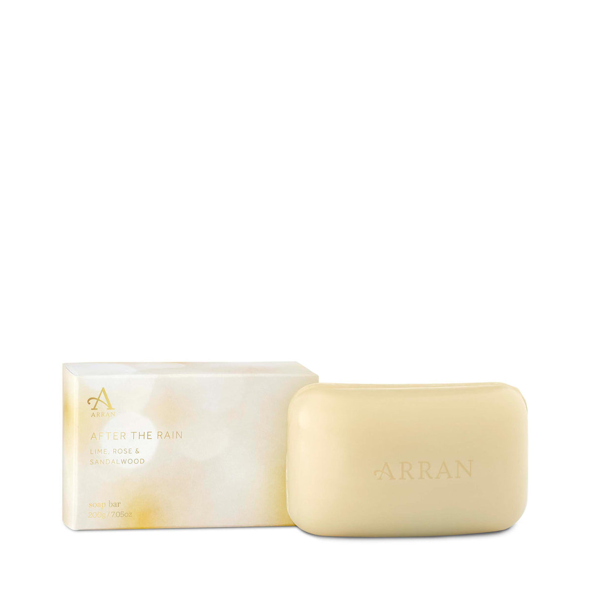 ARRAN Sense of Scotland After the Rain Boxed Saddle Soap 200g, rectangular bar soap with olive-green box and ARRAN Sense of Scotland label
