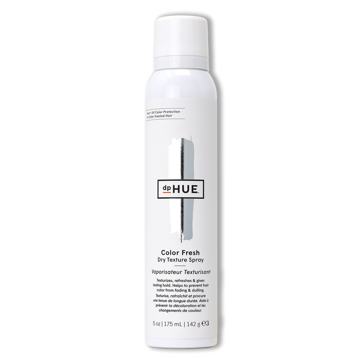 dpHue color fresh dry texture spray 175ml, clear aerosol can with white cap and dpHUE Color Fresh branding