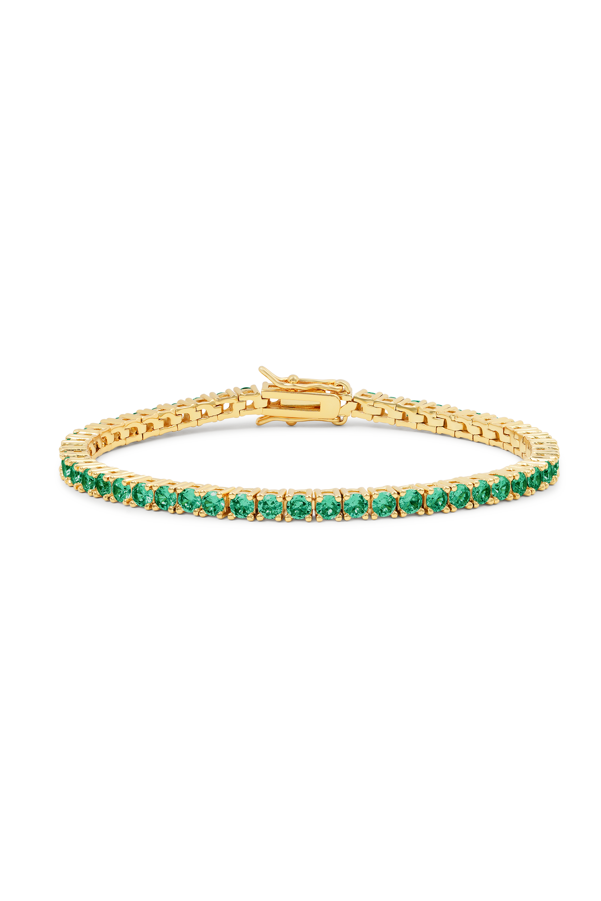 Crystal Haze Serena Bracelet Emerald green stone bracelet with gold chain and clasp displayed against plain background