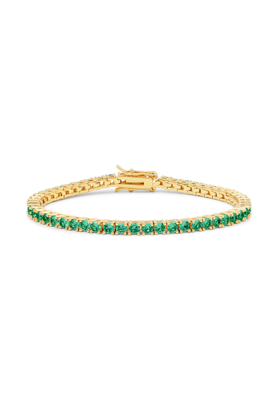 Crystal Haze Serena Bracelet Emerald green stone bracelet with gold chain and clasp displayed against plain background