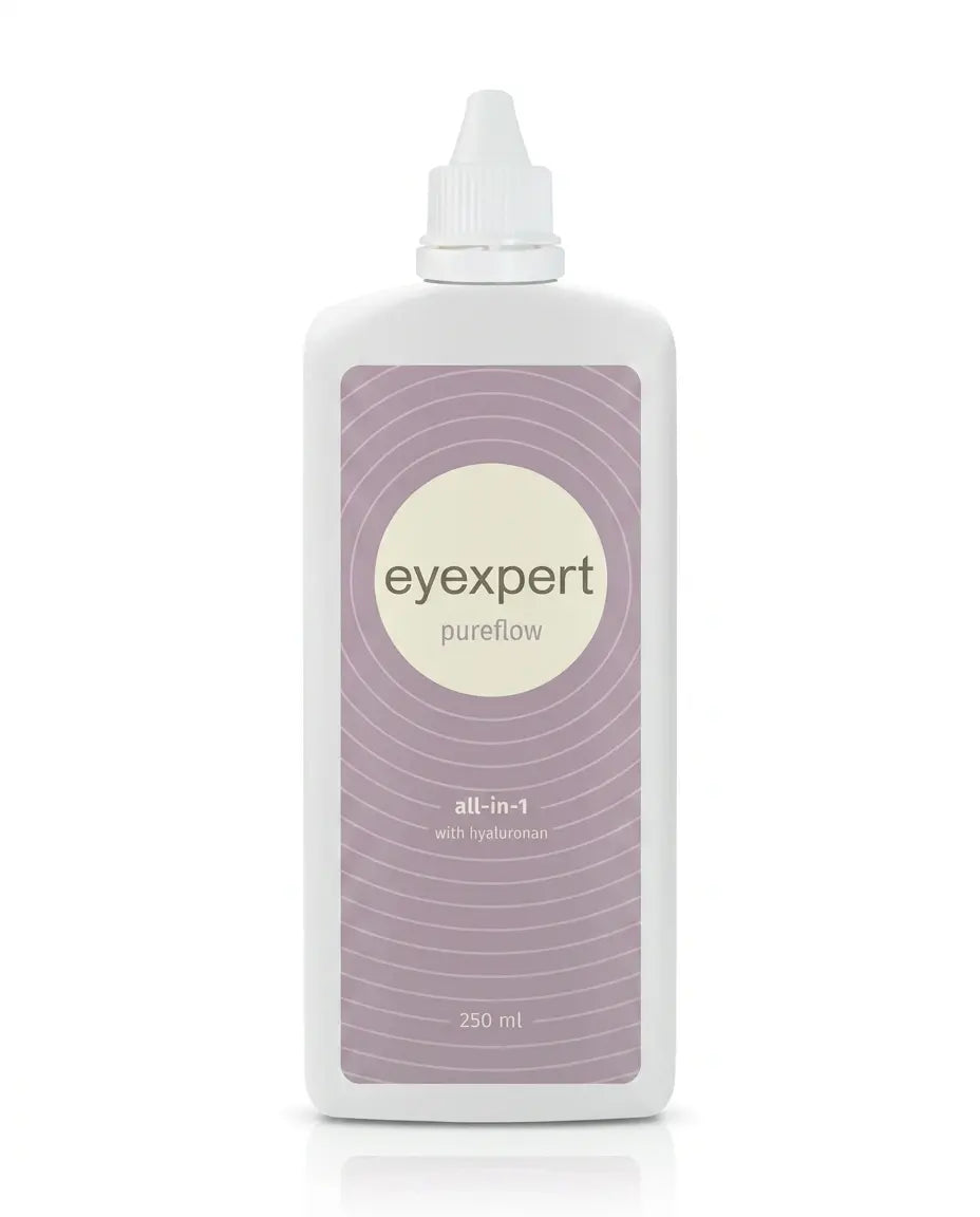 Eyexpert Pureflow 1 x 250ml, clear plastic bottle with blue cap and Eyexpert Pureflow branding