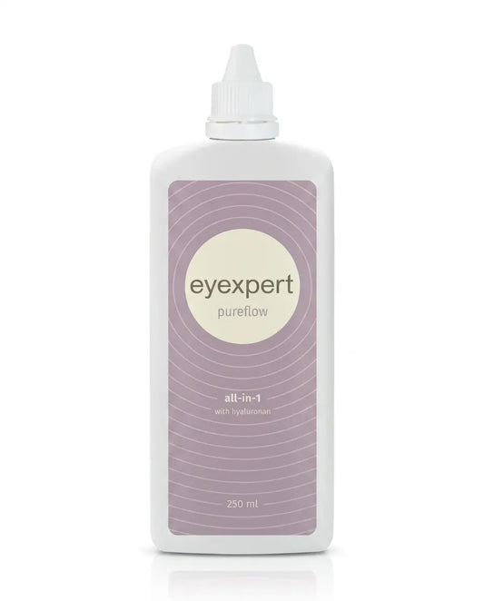 Eyexpert Pureflow 1 x 250ml, clear plastic bottle with blue cap and Eyexpert Pureflow branding