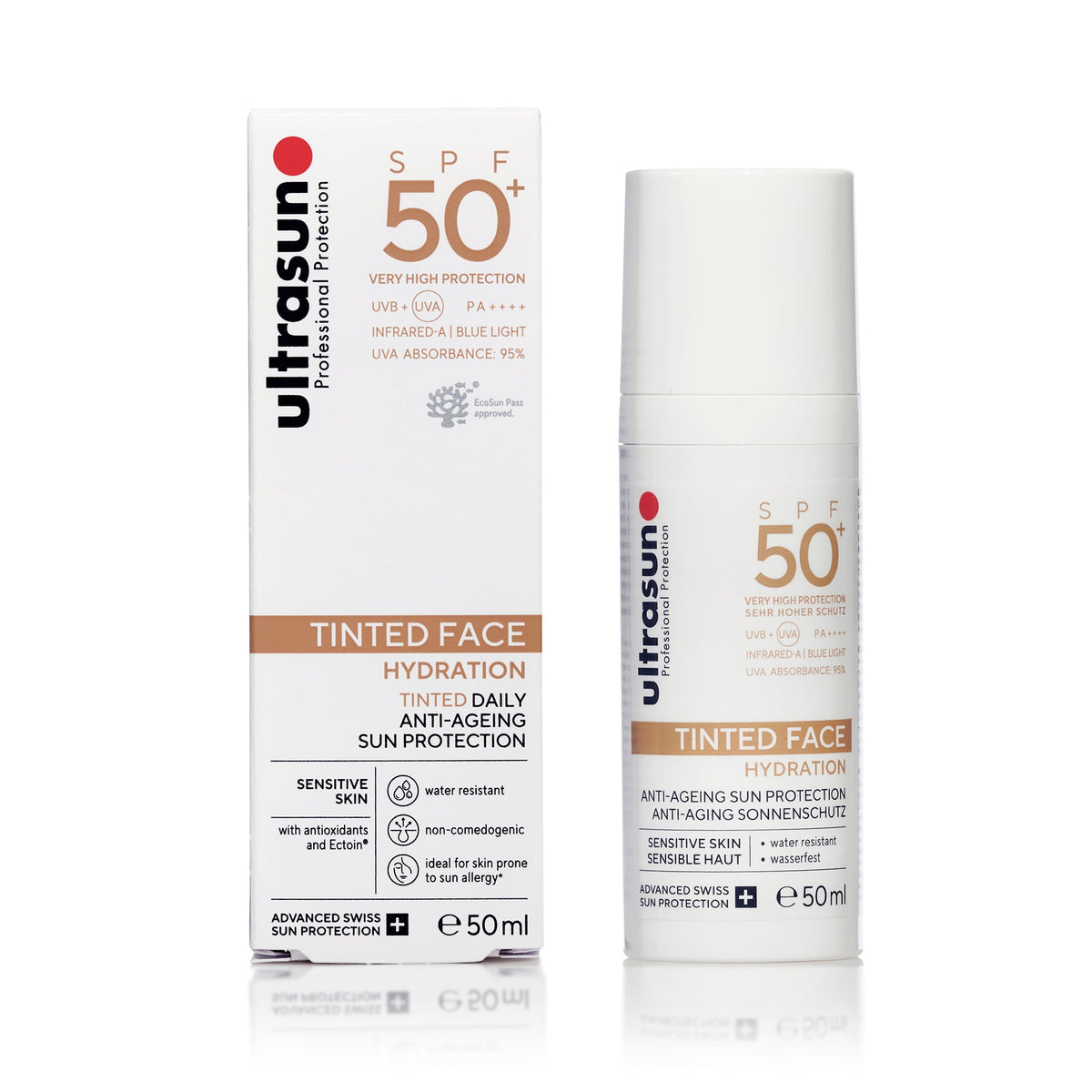 Ultrasun Tinted Face Hydration & Anti - Ageing Sun Protection SPF50+ 50ml, tinted face sunscreen bottle with branded label