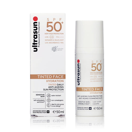 Ultrasun Tinted Face Hydration & Anti - Ageing Sun Protection SPF50+ 50ml, tinted face sunscreen bottle with branded label